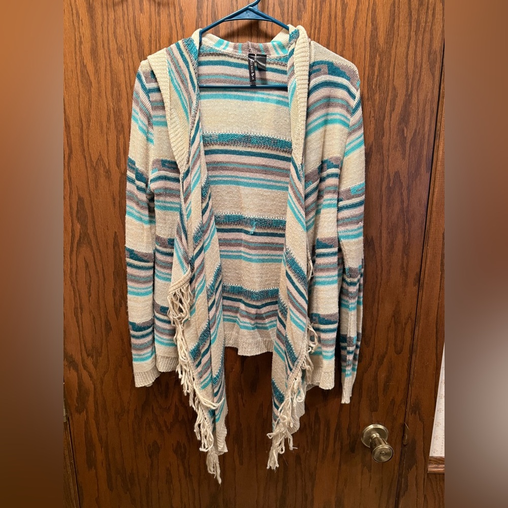 Striped Cardigan Sweater with Hood and Fringe